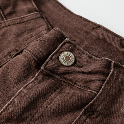 Dark Brown Retro Washed Patch Pocket Loose Jeans