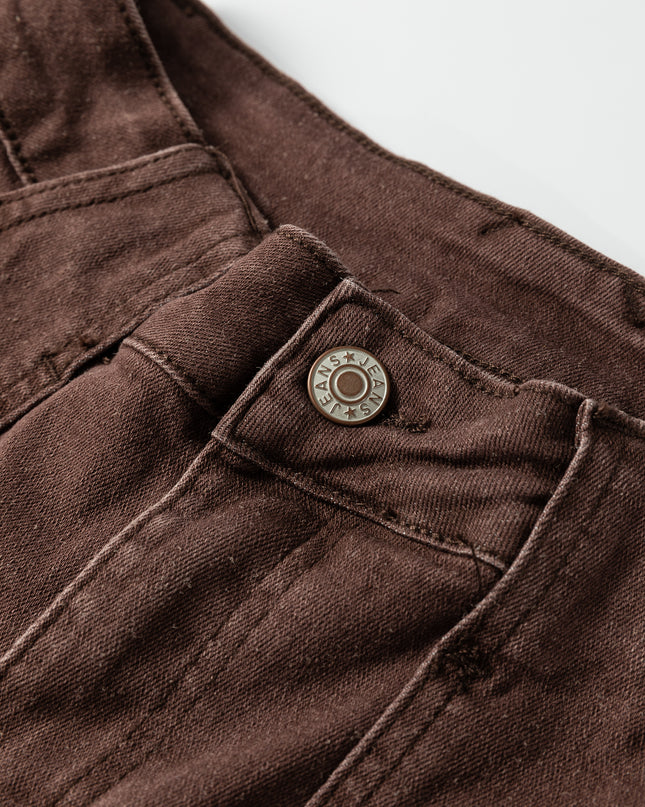 Dark Brown Retro Washed Patch Pocket Loose Jeans