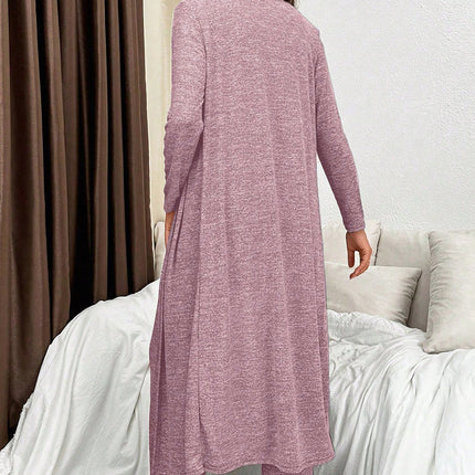 Dark Grey 3pcs V Neck T Shirt Ribbon Knot Pants Open Duster 3pcs Lounge Set