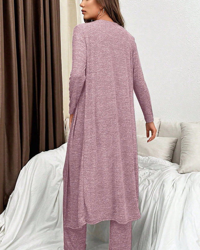 Dark Grey 3pcs V Neck T Shirt Ribbon Knot Pants Open Duster 3pcs Lounge Set