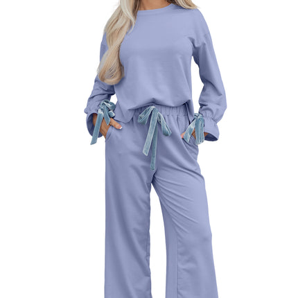 Beau Blue Flounce Long Sleeve Top Drawstring Pants Contrast Velvet Bow Knot 2pcs Lounge Set