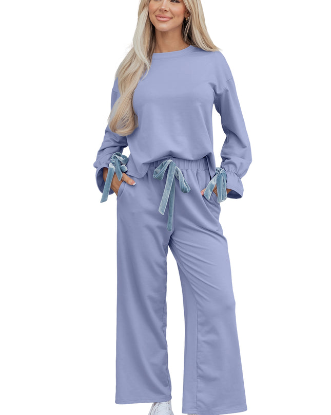 Beau Blue Flounce Long Sleeve Top Drawstring Pants Contrast Velvet Bow Knot 2pcs Lounge Set
