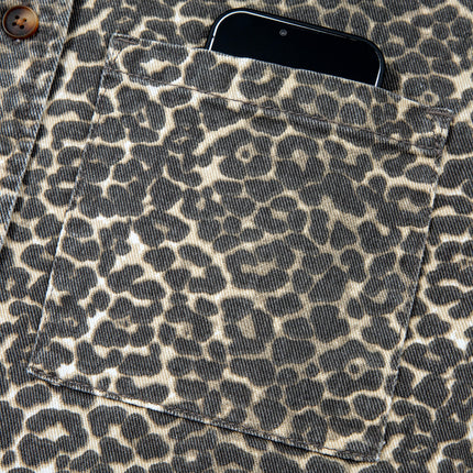 Gray Vintage Leopard Print Short Sleeve Loose Cotton Denim Shirt