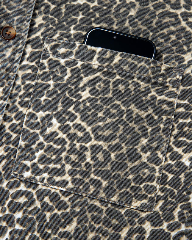 Gray Vintage Leopard Print Short Sleeve Loose Cotton Denim Shirt