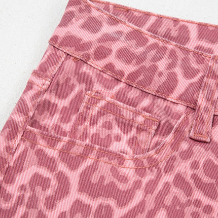 Rose Leopard Frayed Edge Wide Leg High Waist Jeans