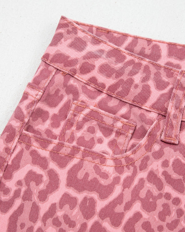 Rose Leopard Frayed Edge Wide Leg High Waist Jeans