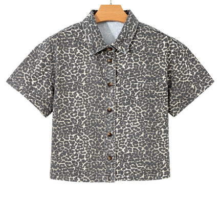 Gray Vintage Leopard Print Short Sleeve Loose Cotton Denim Shirt