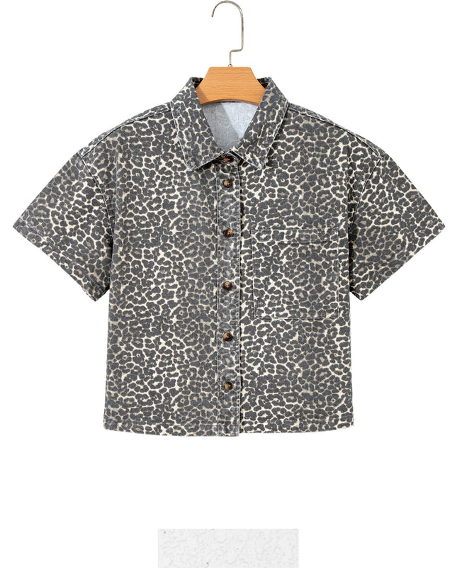 Gray Vintage Leopard Print Short Sleeve Loose Cotton Denim Shirt