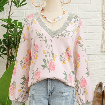 Pink Floral Pattern Striped V Neck Loose Sweater