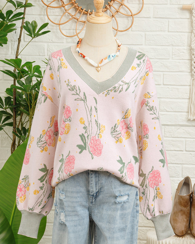 Pink Floral Pattern Striped V Neck Loose Sweater
