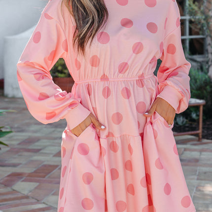 White Polka Dot Printed Long Sleeve Flared Mini Dress