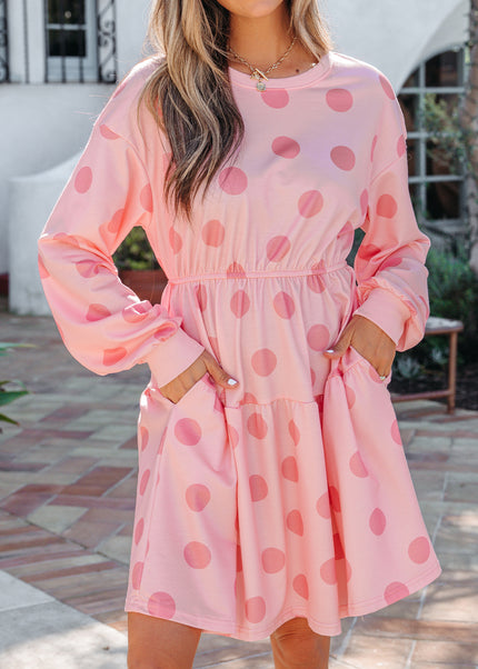 White Polka Dot Printed Long Sleeve Flared Mini Dress