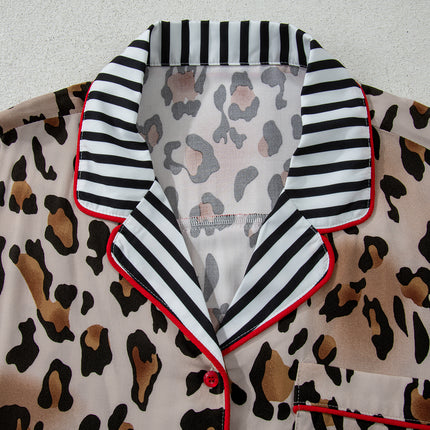 Khaki Plus Leopard Print Contrast Piping Striped Patchwork 2pcs Long Pajama Set