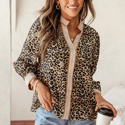 Khaki Contrast Striped Trim V Neck Leopard Shirt