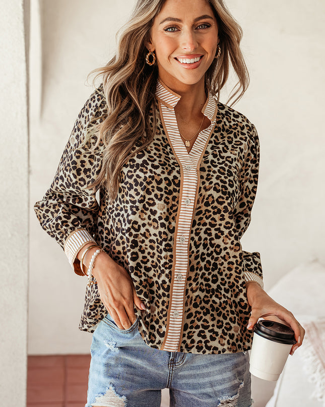 Khaki Contrast Striped Trim V Neck Leopard Shirt