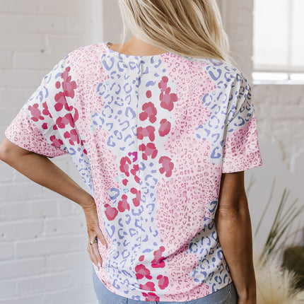 Leopard Print V Neck Short Sleeve Blouse