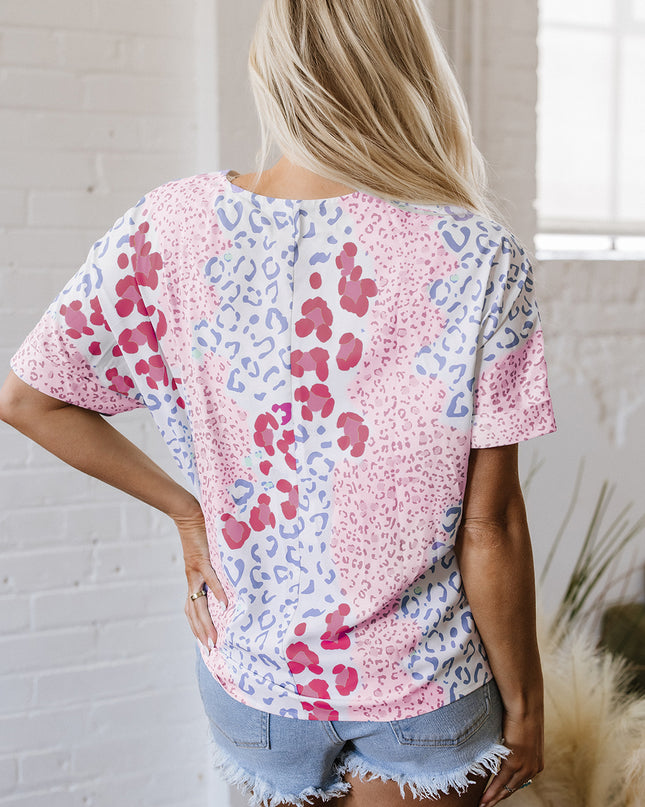 Leopard Print V Neck Short Sleeve Blouse