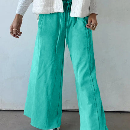 Sea Green Drawstring Elastic Waist Raw Hem Loose Pants