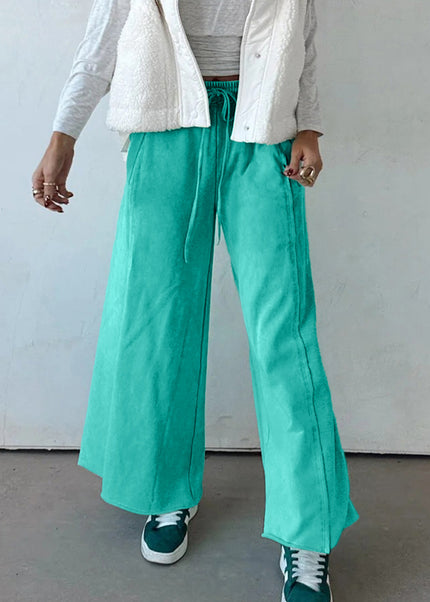 Sea Green Drawstring Elastic Waist Raw Hem Loose Pants