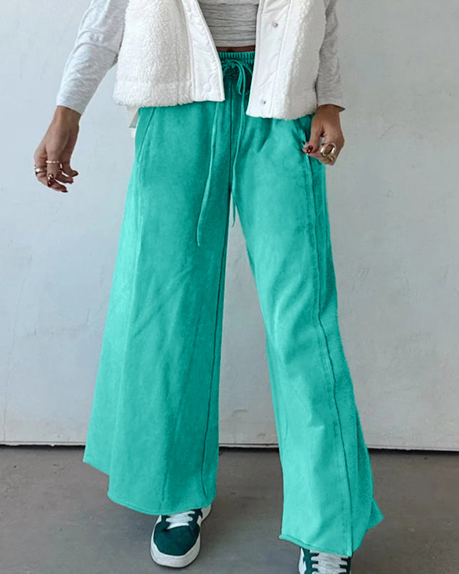 Sea Green Drawstring Elastic Waist Raw Hem Loose Pants
