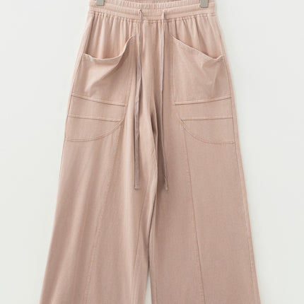 Smoke Gray Solid Color Piping Trim Pocketed Wide Leg Pants