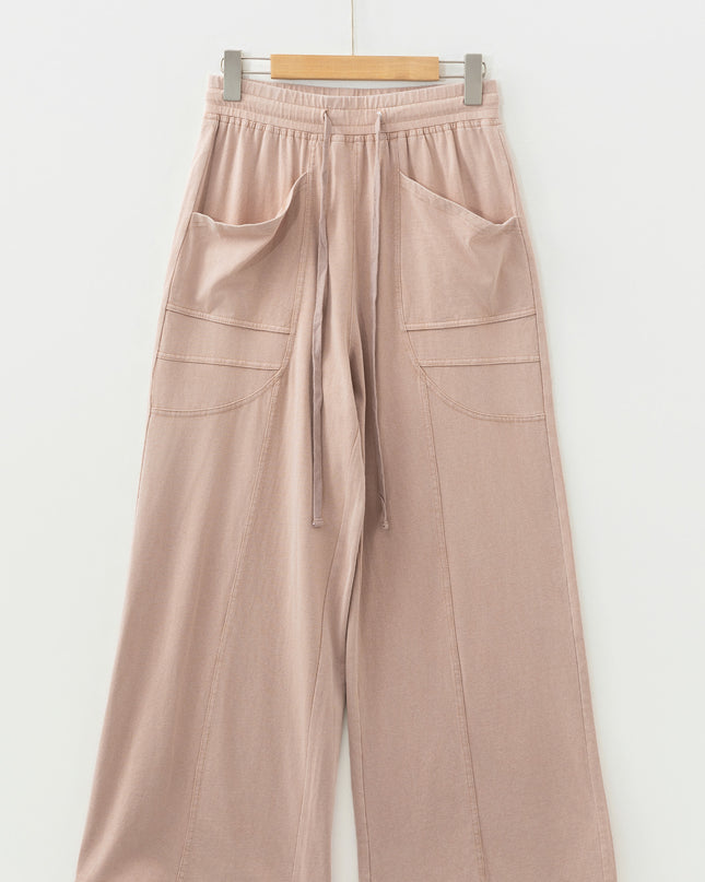 Smoke Gray Solid Color Piping Trim Pocketed Wide Leg Pants