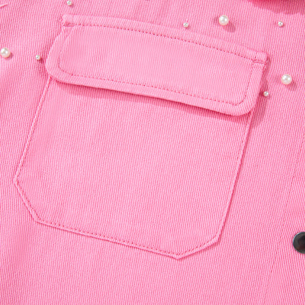 Khaki Pearl Beaded Raw Hem Button Up Denim Jacket