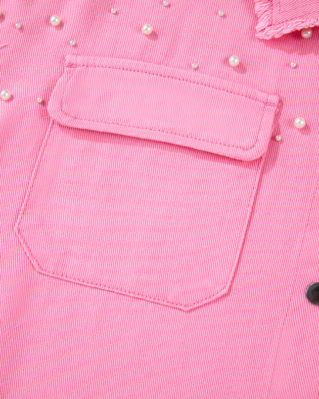 Khaki Pearl Beaded Raw Hem Button Up Denim Jacket