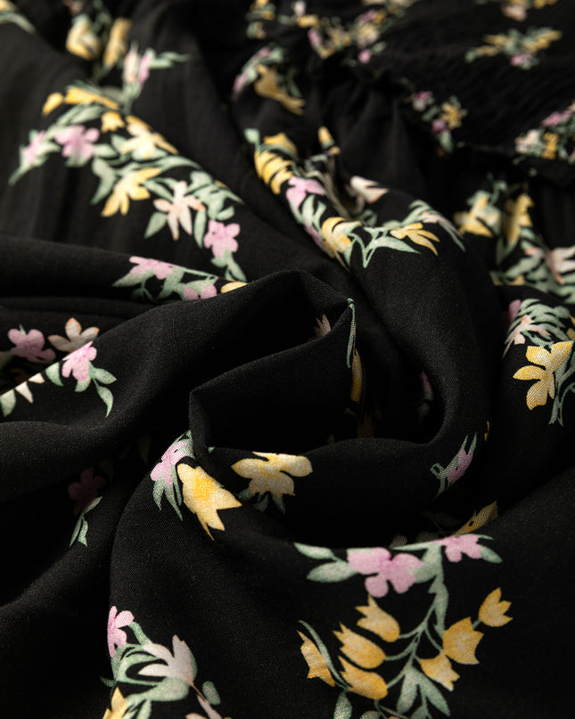 Black Floral Spaghetti Strap Shirred Bodice Tied Empire Waist Maxi Dress
