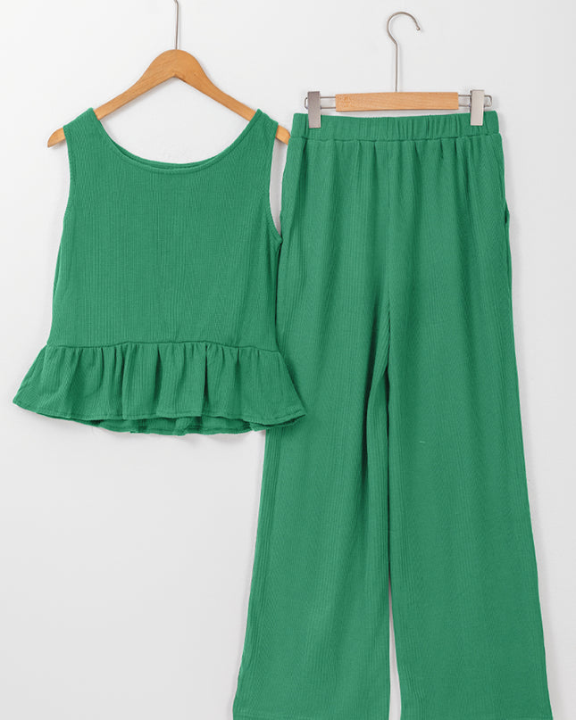 Beau Blue Solid Color Ribbed Ruffle Tank Top and Pants Set