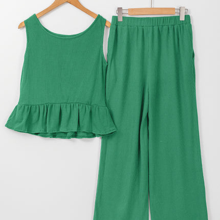 Beau Blue Solid Color Ribbed Ruffle Tank Top and Pants Set