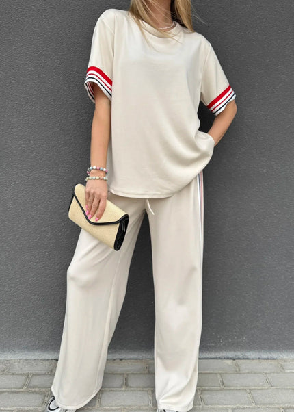 Jet Stream Contrast Striped Trim Crewneck T Shirt Loose Straight Pants Set
