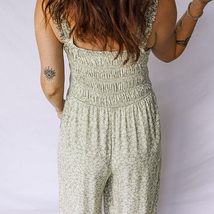 Green Smocked Bodice Square Neck Sleeveless Floral Jumpsuit