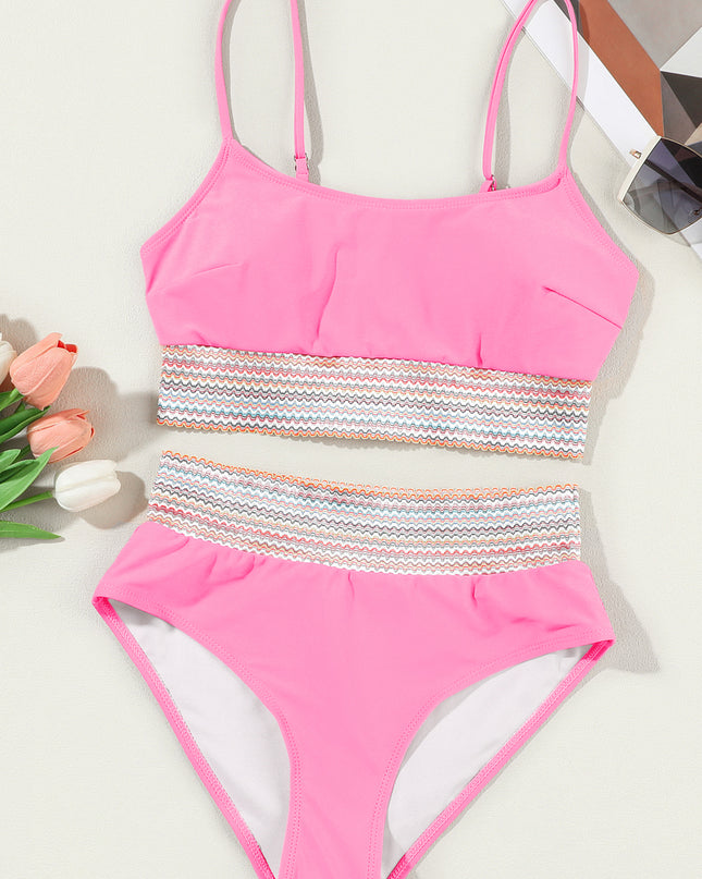 Peach Blossom Striped Patchwork Spaghetti Strap High Waist Bikini Swimsuit