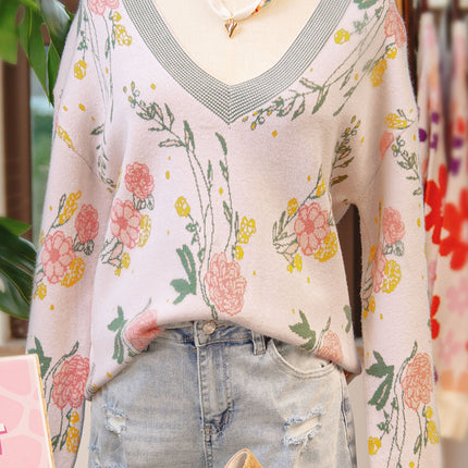 Pink Floral Pattern Striped V Neck Loose Sweater