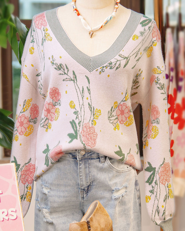 Pink Floral Pattern Striped V Neck Loose Sweater
