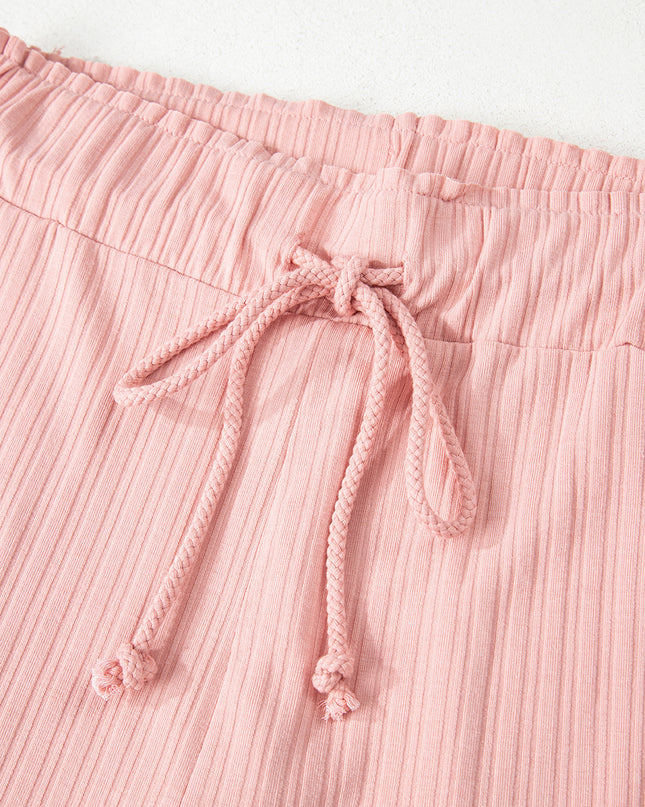 Gossamer Pink Ribbed Button V Neck Tank Top and Shorts Set