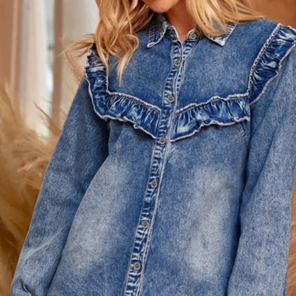 Dusk Blue Vintage Wash Denim Ruffle Detail Button Down Shirt