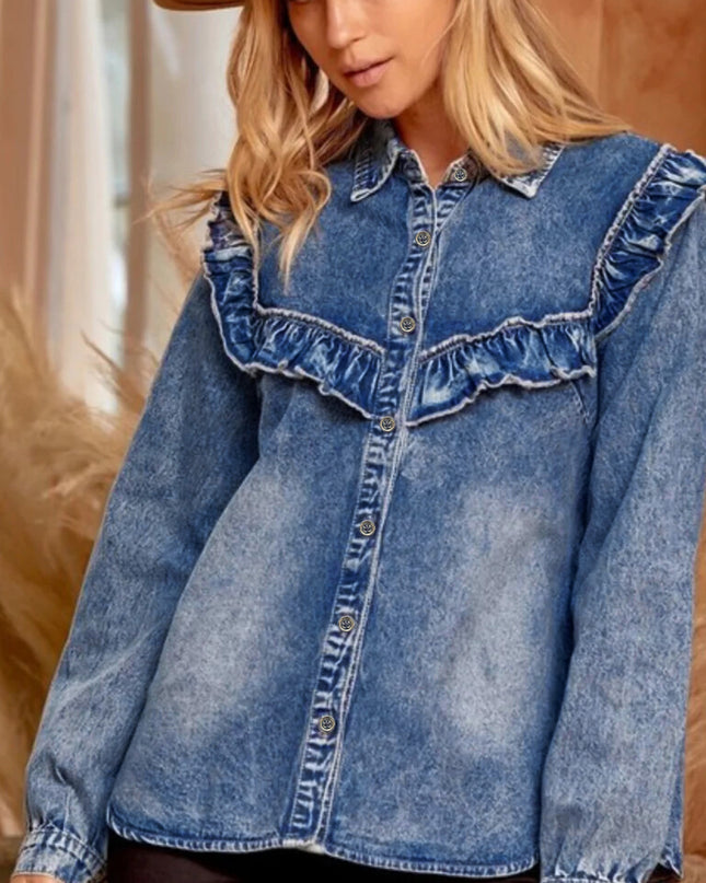 Dusk Blue Vintage Wash Denim Ruffle Detail Button Down Shirt