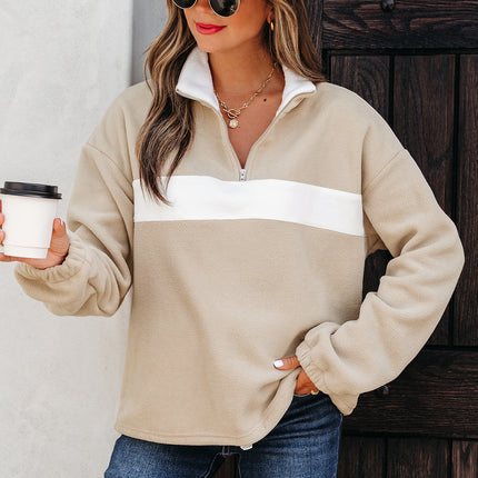 Parchment Fleece Colorblock Patchwork Zipped Neck Pullover Sweatshirt
