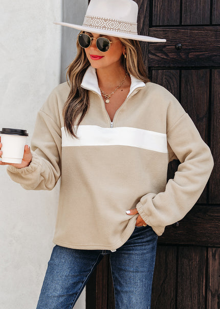Parchment Fleece Colorblock Patchwork Zipped Neck Pullover Sweatshirt