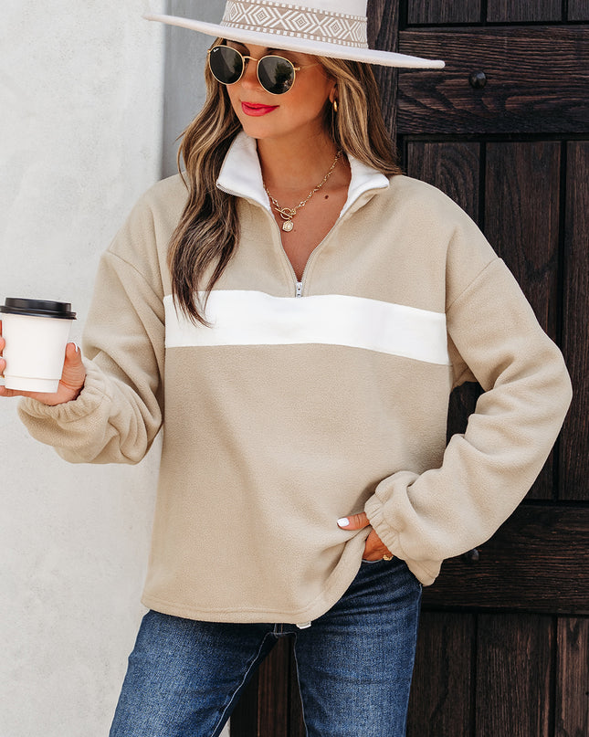 Parchment Fleece Colorblock Patchwork Zipped Neck Pullover Sweatshirt
