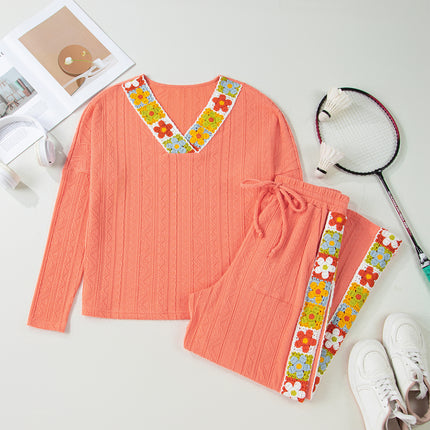 Grapefruit Orange Crochet Floral Accent V Neck Textured Pants Set