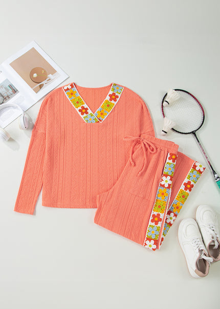 Grapefruit Orange Crochet Floral Accent V Neck Textured Pants Set