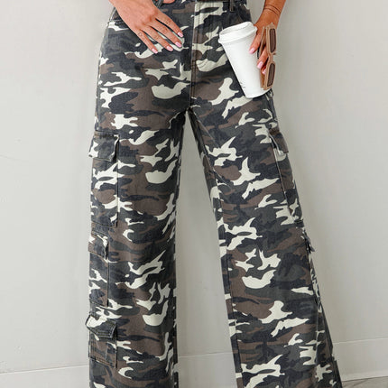 Green Camo Denim Cargo Wide Leg Pants