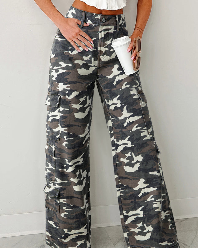 Green Camo Denim Cargo Wide Leg Pants