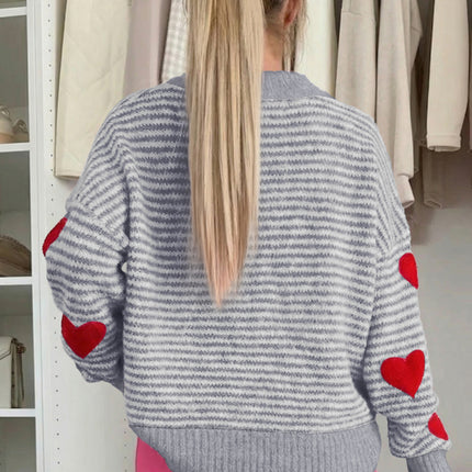 Gray Stripe Contrast Heart Pattern Valentine Knit Sweater