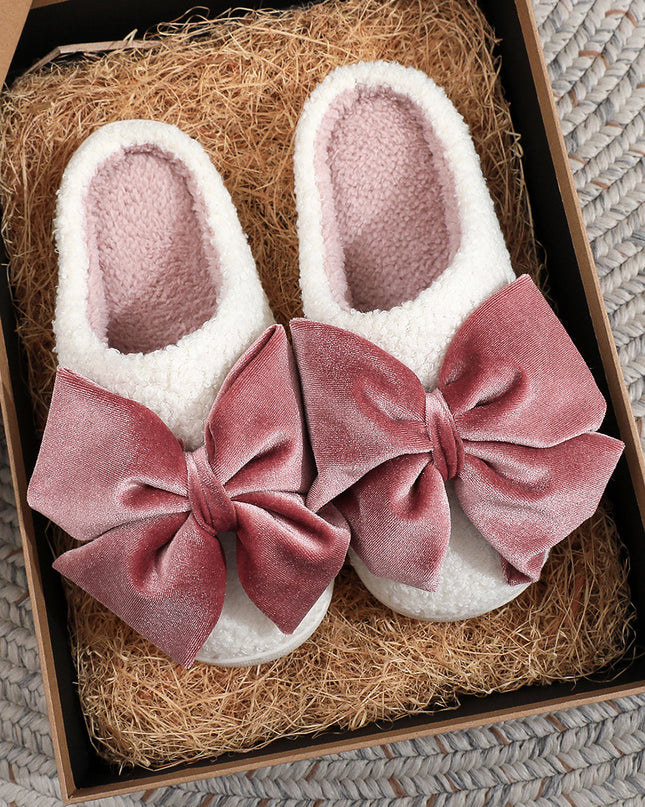White Glister Ribbon Bow Decor Contrast Liner Plush Slippers