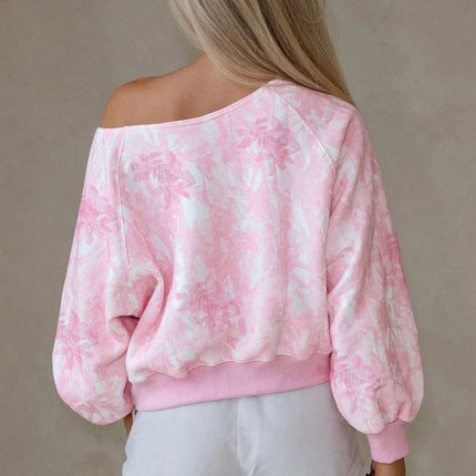 Pink Abstract Woodland Print Asymmetric Shoulder Long Sleeve Top