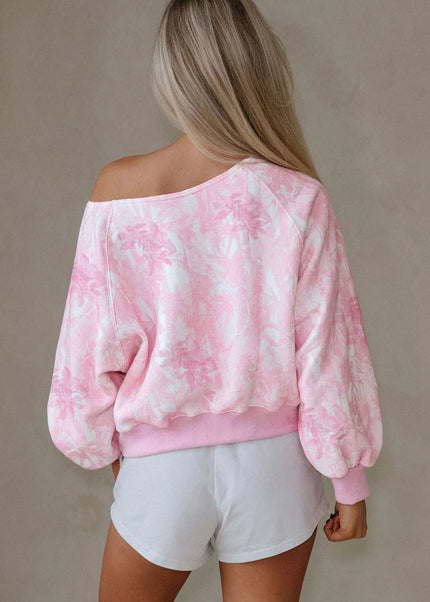Pink Abstract Woodland Print Asymmetric Shoulder Long Sleeve Top